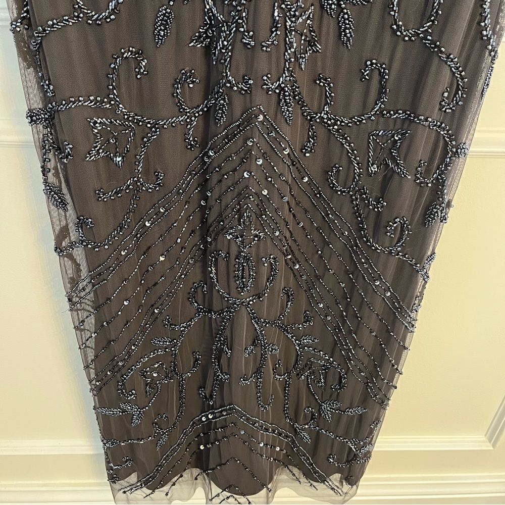 Pisarro Nights Beaded Long Short Sleeve Gown, Size 14, Charcoal Gray, NWT - Picture 8 of 11